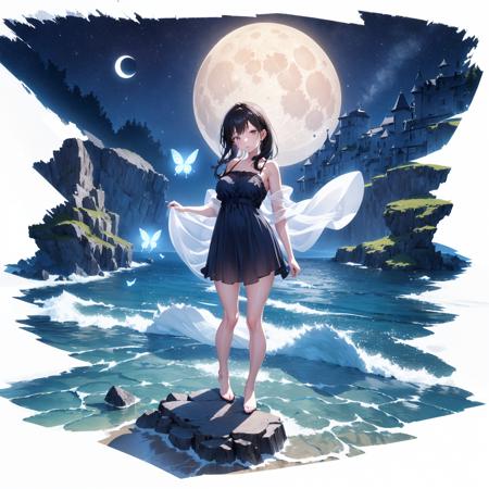 [(white background:1.5)::5], hexagon,
1 girl, mid shot, full body, 
standing on ocean, sea waves, water splashes, sky, detailed moon, light particles, butterflies, night, starry sky,
<lora:Gacha Splash wide shot:0.9>