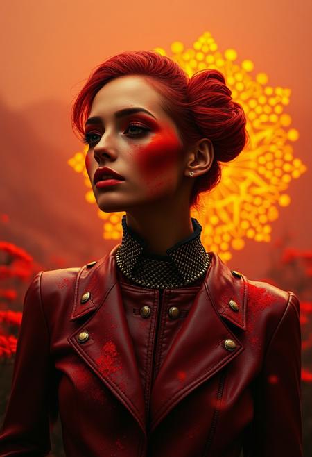 By Eric Lacombe By Patrice Murciano Frostpunk Fashion Photography, red and gold, minimalism, smoked eye shadow, illuminated golden bulging biomorphic dot pattern, volcanic landscape, flame flowers, bokeh ashes, volumetric particle dust, powdered paint pigment, vivid color, misty aether houte - couture rococo leather clothing, holga medium format camera, etherial lighting, backlighting, in the style of. . ., professional ominous concept art, by artgerm and greg rutkowski, an intricate, elegant, highly detailed digital painting, concept art, smooth, sharp focus, illustration, in the style of simon stalenhag, wayne barlowe, and igor kieryluk.