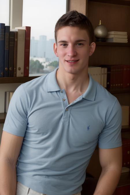 (closeup face portrait) photo of sc_joey <lora:sc_joey_twink:1> wearing a light blue fitted Ralph Lauren polo shirt in a local library, blurry background, bookshelves, natural daylight filtered through windows, soft artificial lighting, playful mood, light-hearted, intellectual, vintage charm