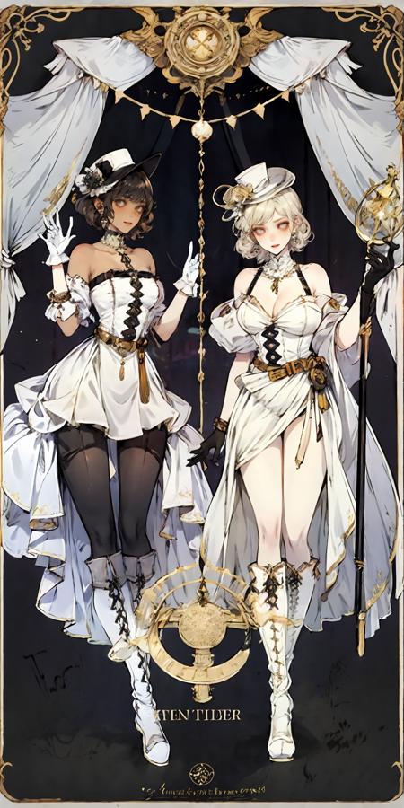 HEZI,Card design, multiple girls, gloves, multiple boys, hat, blonde hair, dress, jewelry, boots, blindfold, white gloves, sitting, necklace, ring, white dress, pants, wariza, bracelet, white hair, elbow gloves, smile, dark skin, earrings, black hair, standing, long hair, gem, cross-laced footwear, covered eyes, instrument, short hair, sunglasses, holding, 4girls, cane, white headwear, bare shoulders, mask, parted lips, white footwear, curtains, fire, brown hair, beads, bow, see-through, claws, top hat, 6+girls, 3girls, belt, faceless, staff, looking at viewer, black gloves, 2boys, lace-up boots, size difference, pearl necklace, on floor, knee boots, tinted eyewear, artist name, lips, breasts,<lora:å¡çèºæ¯2-000010:0.75>,