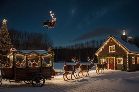 Steampunk style, realistic photo, winter landscape, small village, evening, night time, (santa claus flying++ with sleight over village)++, 12 reindeers in front of sleight, steampunk sleight, focus on sleight, brass machine parts, steam gauges, santa claus sitting in sleight, side view