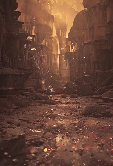 An otherworldly complex structure with pillars made of light and shadows, the ground pulsating with desaturated colors, ever-changing hues, embodying a dream within a dream, 
in the style of the movie ambiance of Ridley Scott's 'Alien' with 80s sci-fi nostalgia. Blend dreamlike, claustrophobic spaces, grimdark Warhammer 40K magic, and campy yet sinister tones. Envision a surreal, dystopian world where arcane forces meet retro-futuristic sci-fi, creating a uniquely haunting tableau
, in the style of an old 80's VHS dark fantasy, VHS screen grab, grainy, old footage