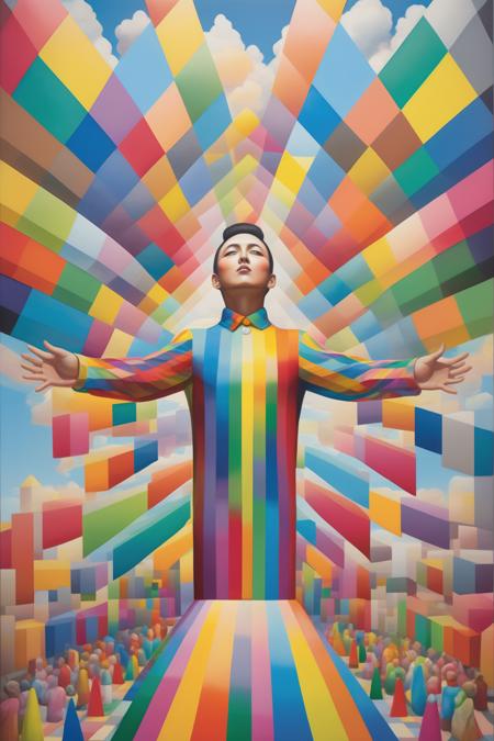 <lora:Okuda San Miguel Style:1>Okuda San Miguel Style - a human spreading arms locking to the sky oil painting by Okuda San Miguel, Rainbow geometric architectures blend with organic shapes, Pop Surrealism, Essence of street forms, Geometric structures and multicolored prints, Colorful, High Detail, Symmetry, Poster