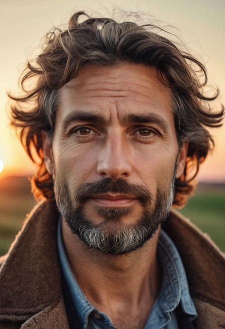 Stunning analogue photo of a beautiful 38 years old Dutch man, handsome, big brown eyes, thick eyebrows, brown hair, messy hair, thick lips, pleasant face and expression, beard, a view patches of gray hair in beard, Rembrandt style light, sunset, beautiful sky, incredibly realistic, hyperrealism
