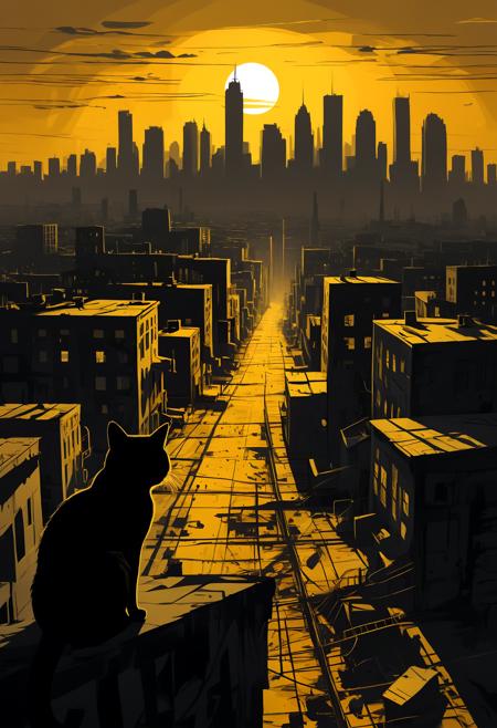 artistic painting of a big dark (shadow) of cat, apocalyptic metropolitan city in the background, black-yellow painting complex lines, best quality,,