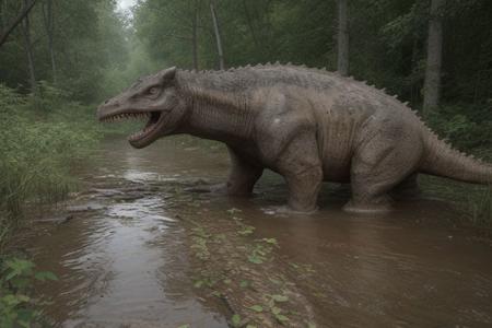photo-realistic ULTRA HD 4K image depicting an indominus rex in a swamp setting, diverging from the previous sea port context. characteristics remain intriguing: highly detailed dinosaur skin texture ,unwashed, dirty teeth. The swamp water, unlike the clear sea water, is murky and dense with vegetation