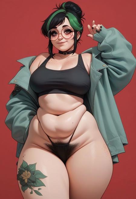 score_9, score_8_up, score_7_up, score_6_up, score_5_up, score_4_up,
BREAK
1girl, mixxxed, green black multicolored hair,  freckles,  glasses,  mole, hair bun, round eyewearlight smile, closed mouth, long hair, swept bangs, straight hair,
BREAK
solo, standing, breasts, black thong, black top, arm tattoo, thick thighs, thigh gap, pubic hair, excessive pubic hair, leg tattoo, wedgie, cleavage, highleg,
BREAK
red background, simple background,