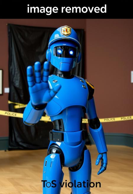 photograph of a blue police robot in winter parade uniform covering with a police hat. The peace keeping droid stands inside a museum. Looking at the viewer, it is extending its arm in a stop sign. Behind on the wall, we can see a painting covered with a black tarp and police tape.
Title reads "image removed" at the top of the image.
Subtitle reads "ToS violation" at the bottom.