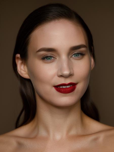 Realistic photo of a beautiful r00n3ym woman, 1girl,solo,looking at viewer,smile,blue eyes,simple background,brown hair,bare shoulders,green eyes,collarbone,upper body,lips,strapless,makeup,lipstick,realistic,red lips,soft lighting, professional Photography, Photorealistic, detailed, RAW, analog, sharp focus, 8k, HD, high quality, masterpiece<lora:r00n3ym:1.0>