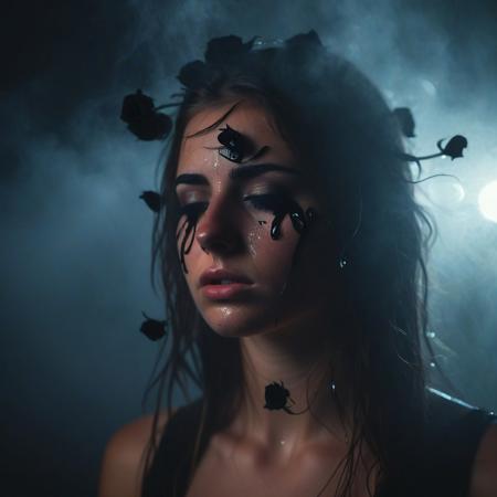 Beautiful Young woman, 21 years old, cute face, dispassionate, avoiding eye contact, lots of black roses, tears rolling down her face, maskara forms long black tears, moody, side view, dark, hazy, foggy, coloured light form light streaks through the fog, dramatic, shadows and reflections play in the background, dramatic angle, light streaks, bloom, glow, glitch, vhs effect, dreamlike, unreal