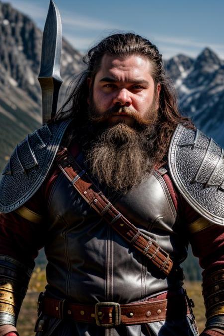 1boy, male focus, solo. Dwarven fighter, mountain stronghold, chainmail armor, warhammer, shield, braided beard, sturdy build, determined expression, rugged terrain, stalwart defender.