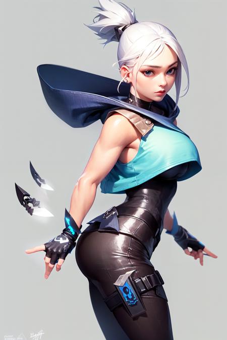 masterpiece, best quality, highly detailed, 1girl, solo, floating weapon, blue jacket, blue eyes, gloves, sleeveless jacket, fingerless gloves, white hair, floating object, ponytail, weapon, white background, jacket, kunai, black gloves, hood, cropped jacket, looking to the side, sleeveless, knife, breasts