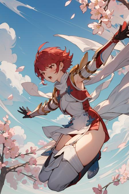 masterpiece, best quality, hinoka, short dress, white scarf, shoulder armor, vambraces, garter straps, thigh boots, red gloves, jumping, midair, yelling, clouds, cherry blossoms <lora:hinoka-nvwls-v1-000012:0.9>