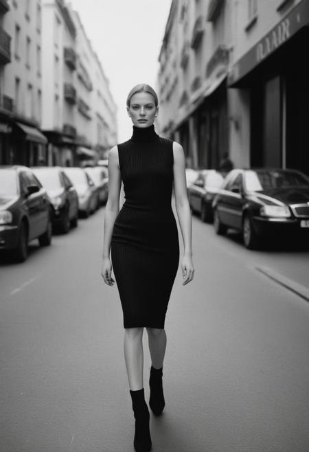 sexyai, black and white photography, Ilford HP5 Plus, Lubitel 2, a beautiful woman in a skintight short black turtleneck sleeveless ribbed dress, walking down the street, in style of alasdair mclellan, official dior editorial, official vuitton editorial, on a street, official versace editorial, on the street, on the street, inspired by Peter Lindbergh, official jil sander editorial, suit,, official prada editorial, as fashion editorial 90s, dior campaign, official valentino editorial