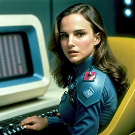 A high quality realistic ((color)) photo of young adult natyport in intricate futuristic sci-fi uniform using a starship computer terminal, happy