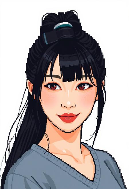 portrait of a beautiful asian lady in pixel art style. she has a pony tail and straight fringe.