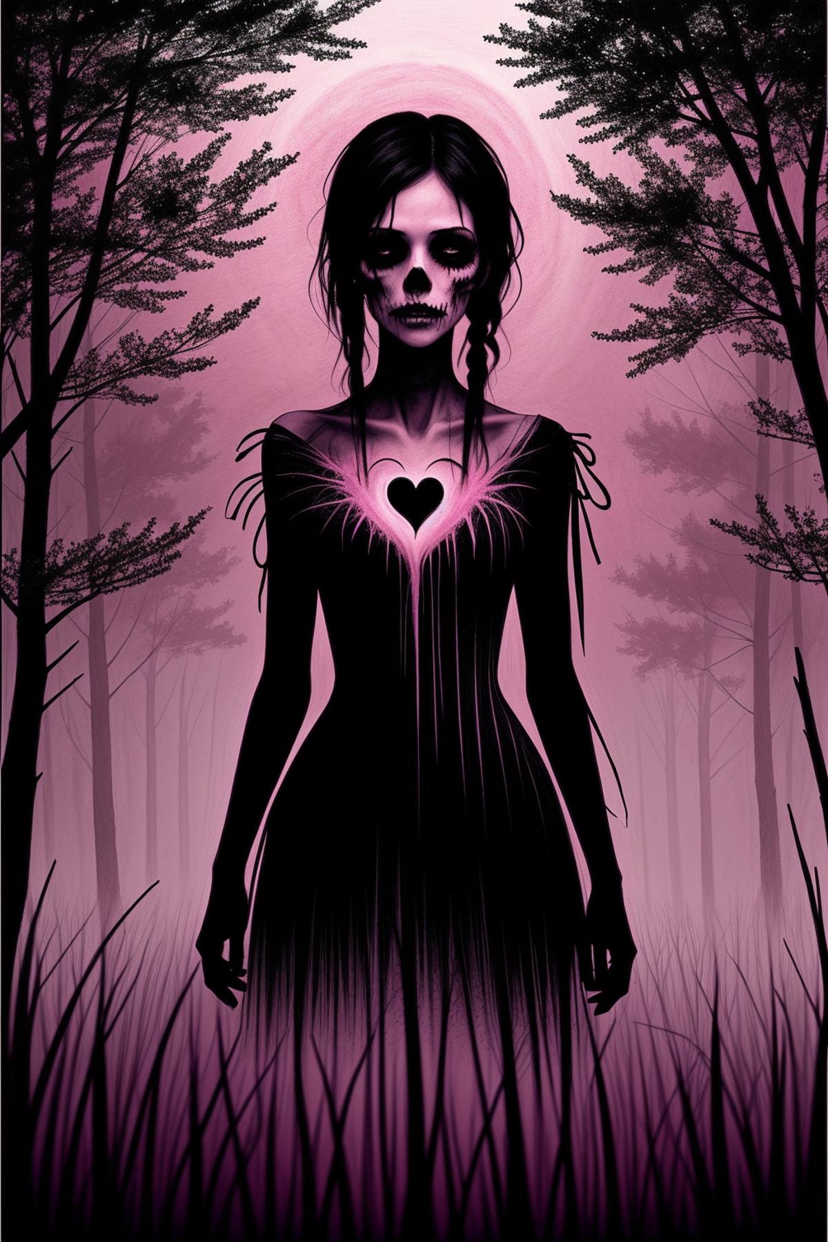A woman with a heart on her chest standing in a dark forest.