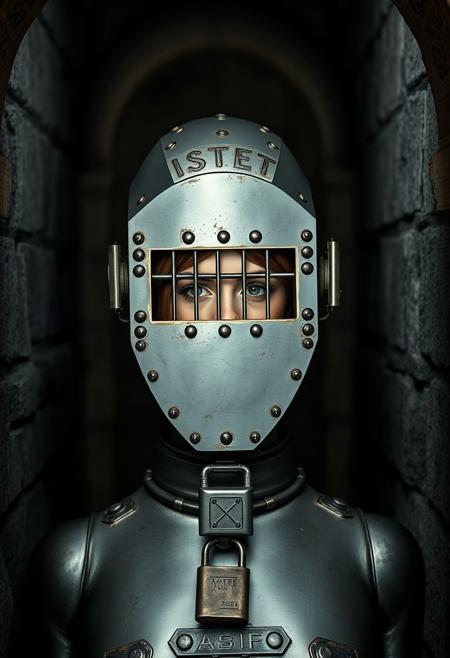 A perfectly smooth tightly-fitting bdsm steel casing covered with rivets in the approximate form of a rigid standing woman with a heavy restraint collar and with a barred horizontal eye slit on the front of the head (and a padlocked hinged door closing over the mouth:1.4) ( a woman is trapped inside looking out through the barred eye slit:1.8), in a castle dungeon