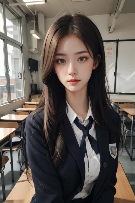 (masterpiece), (best quality:1.2), absurdres, [:intricate details:0.2], 1girl, school uniform, medium breast , fair skin, pale skin, indoor, classroom,long hair, disheveled hair, looking viwer, from front, detailed face, detailed body, detailed skin, photography, 8K, HDR, highres