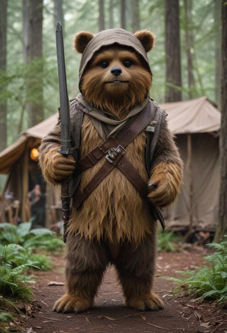 A full body photo of Wicket the Ewok on Endor, it's carrying an a sword and riding a raccoon, 
It looks at camera smiling, cute and  adorable yet fierce, Midevil tents in background , funny, 
highest quality, exceptional accuracy and realism,