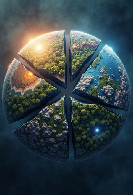 masterpiece, cinematic, ultra-detailed, realistic digital art, shattered planet divided clearly into twelve distinct biome fragments, each fragment representing a unique biome: dense rainforest, icy tundra, arid desert, lush grasslands, volcanic wasteland, deep ocean, floating islands, mystical forest, rocky mountains, luminous crystal caves, urban futuristic cityscape, ethereal astral realm, visually cohesive symbolic formation, vibrant colors, intricate details, glowing edges, symbolic design, cosmic background, trending on artstation, high contrast, high resolution 4K, cinematic lighting