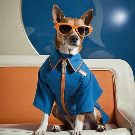 In front view, portrait of a [DOG BREED] wearing 1960s mid-century space-age fashion, backdrop is a deep, neutral blue, setting a stark contrast that accentuates the subject. fluorescent orange shade, wearing a very fashionable lounge coat and sunglasses are a hip 1960s style, clothing all in one color