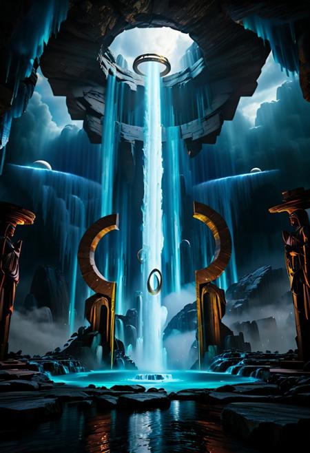 ((Photorealistic)). (Artistic perspective) 3 cloaked figures stand on a floating portal, irregular stone rings suspended above a futuristic city. (((the hovering rings in the sky are gushing waterfalls))), rich vibrant colors,  liquid, unreal parts, alluring, fluid, perfection, two moons in the night sky, one is translucent. Intricate background, maximum detail, 4K, hyperrealistic, luminous neon highlights, ((Masterpiece)), (cinematic composition), resplendent lighting
