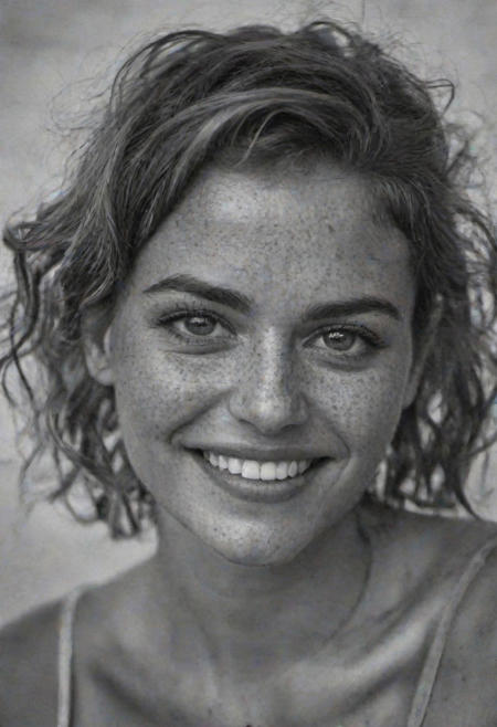 Lenar Karim photography, bnw, A stunning woman with freckles, a big smile, and grey eyes, has a middlecut hairstyle. She is wearing dark makeup. The photograph is hyperdetailed, with soft lighting, black and white style Peter Lindbergh. The head and shoulders portrait is a cover, and it describes in detail the woman's beauty. She is standing in front of a plain concrete background, with her head slightly tilted to the side.  her eyes sparkle with a warmth that draws you in. Her freckles are scattered across her nose and cheeks, adding to her natural beauty. Her middlecut hair is perfectly styled, and her dark makeup is flawlessly applied. The photograph captures every detail of her face, from the delicate lines around her eyes to the subtle curves of her lips. This portrait is a stunning work of art, capturing the essence of this beautiful lady's beauty in a way that is both captivating and timeless. urban gritty location, posing in an industrial setting with steel beams,  Timothy tchalamet, natural lighting, dramatic directional lighting, bold confident mood