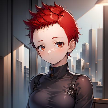 ((masterpiece, best quality)),(complex lighting),solo,1girl, upper body, red hair, tomboy, very short hair, forehead ,<lora:TomboyBuzzcut2:0.6>