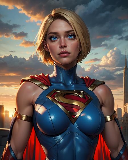 kara,short blonde hair,blue eyes,
blue body suit,S (symbol\),red cape,red gloves,shoulder pads,bare shoulders,shoulder bands,
standing,upper body,
morning,metropolis city,cloudy sky,
(insanely detailed, beautiful detailed face, masterpiece, best quality),
<lora:supergirl-10IJ2:0.4>,