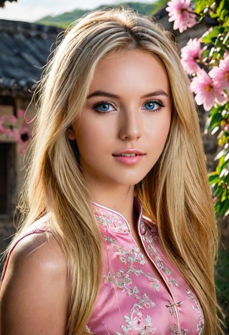 Cute beautiful girl, Bestface1,  Bestbody1, 
 standing in an old village,  wearing pink cheongsam, luxurious long blonde hair, flowe hair ornament, light makeup, (detailed face, perfect face, perfect eyes, realistic eyes, expressive eyes), looking at viewer, outdoors, (masterpiece), ((ultra-detailed)), (highly detailed), (expressionless), (best quality:1.2), (1girl:1.2), High quality texture, intricate details, detailed texture, High quality shadow, depth of field, perspective, perfect body, distinct_image, (lustrous skin), solo focus