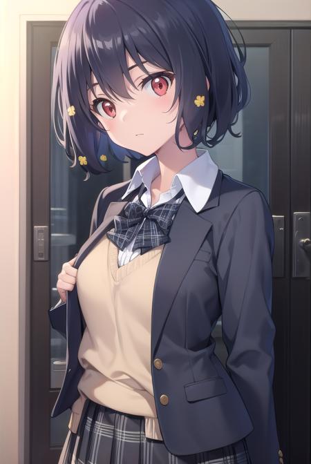 aimizuno, <lyco:aimizuno-lyco-nochekaiser:1>,
ai mizuno, black hair, hair between eyes, (red eyes:1.5), short hair,
BREAK black jacket, black legwear, black neckwear, black skirt, blazer, brown footwear, collared shirt, flower, hair flower, hair ornament, jacket, loafers, long sleeves, miniskirt, open clothes, open jacket, plaid, plaid neckwear, plaid skirt, pleated skirt, school uniform, shirt, shoes, skirt, sweater, white shirt, wing collar, yellow flower, yellow sweater
BREAK looking at viewer, full body,
BREAK indoors, classroom,
BREAK <lyco:GoodHands-beta2:1>, (masterpiece:1.2), best quality, high resolution, unity 8k wallpaper, (illustration:0.8), (beautiful detailed eyes:1.6), extremely detailed face, perfect lighting, extremely detailed CG, (perfect hands, perfect anatomy),