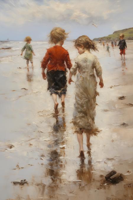 <lora:William McTaggart Style:1>William McTaggart Style - Frank Usher De Voll style detailed and intricate oil painting of children playing in the beach facing away