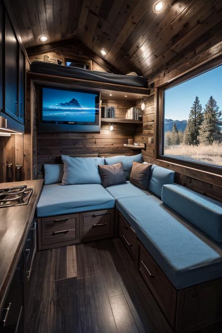 interiortinyhouse interior couch, led tv, kitchen, wooden, ((masterpiece)), realistic, epic, details,<lora:ARWinteriortinyhouse:1>