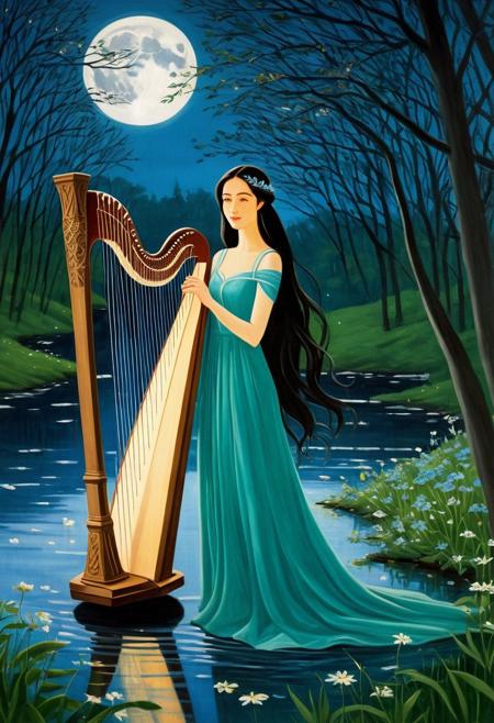 beautiful elf girl playing irish harp, long black straight hair, simple folk style long dress, charming half-smile, deep dark big eyes, The night is bright and the moon is shining quietly over the river where the blue wave shines with silver Dark forest where in the silence of the emerald branches the nightingale does not sing her sonorous songs Blue flowers bloom under the moon, fine art, romantic art, masterpiece, ethereal light, by Alex Katz
