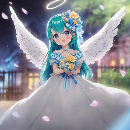 MFB Style; Tuuli, blue baptism dress, flower hairstick, blue hair; masterpiece; detailed; reflective; depth of field; 8k; photo; northern side; baptism ceremony; petals; angel wings; halo; night