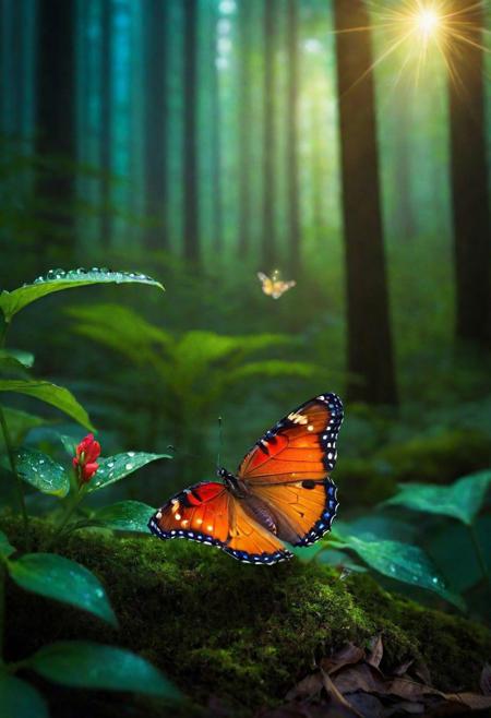 Create an awe-inspiring masterpiece of extraordinary quality, showcasing hyper-detailed and ultra-high-definition imagery with a remarkable depth of field. Visualize a scene set in a magical forest at night, where the air is filled with a gentle fog. Amidst this enchanting setting, focus on a stunningly detailed butterfly, with wings that have an intricate pattern, as it gently parks itself on a vibrant red floret.The surrounding forest is alive with the soft glow of fireflies, adding a magical ambiance. On one side of the scene, there's a mysterious darkness, contrasting with the glowing elements around. Pay special attention to the lighting, with dazzling light effects set at a 1.2 intensity, casting ethereal reflections and creating a mystical atmosphere.The butterfly, along with the floret and nearby foliage, should have transparent and polished textures, reminiscent of the rare and beautiful ral-ntrgmstn mineral. These elements should gleam subtly in the ambient light. Additionally, capture the fresh essence of the forest right after a rain, with tiny, glistening water droplets delicately clinging to the butterfly and the petals of the floret, reflecting the surrounding magical lights.
The overall image should be a breathtaking blend of realism and fantasy, with vibrant colors and intricate details that bring this magical, nocturnal forest scene to life