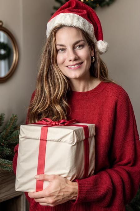 a woman wearing a red ugly sweater, Santa hat, holding a huge Christmas gift, cozy room, aesthetic, sweet smile, sharp focus, soft lighting, (high detailed skin:1.1)
 <lora:0more_details:1> <lora:michelle_monaghan_lora_v01:1> michmon