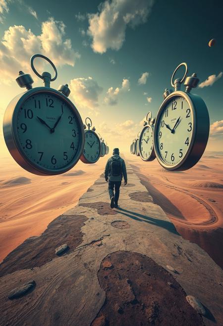 High-resolution overhead shot of a lone traveler walking towards a surreal horizon. The image features melting clocks, distorted forms, and vivid contrasting colors. The style is surreal and dreamlike, with a professional, commercial quality.