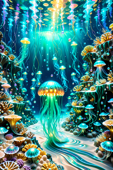 A surreal underwater realm where coral castles drip with glowing pearlescent syrup,jellyfish float like silk lanterns above a pearly sand floor,and luminous mermaids paint ocean currents with swirling trails of light and flowing pigments,magical realism,photoreal style,intricate lighting,
a jellyfish  made of l1qu1dp34rl,swimming in the ocean,psychedelic patterned,detailed and intricate pearlescent gold,underwater cavern,rocky outcrops,seaweed,spongebob,detailed and intricate patterns,harmonious palette,a magical and harmonious under water world,
pearlescent,flowing through bioluminescent coral reefs,iridescent bubbles rising in turquoise water,hyper-realistic translucency,pearlescent,
Masterpiece,best quality,hi res,8k,hi res,8k,award winning,(sharp focus, intricate, highly detailed),<lora:SDXLFaeTastic2400:0.4>,<lora:liquidpearlXL_r1:1>,<lora:TrendCraft_The_Peoples_Style_Detailer-v2.1A-3_12_2025-SDXL:0.8>