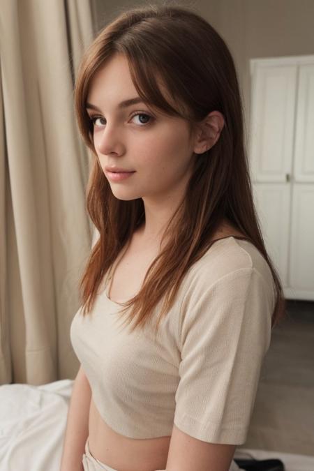 25 yo girl, red head, close-up, girl next door, cute, innocent, looking at viewer, messy hair, waist up