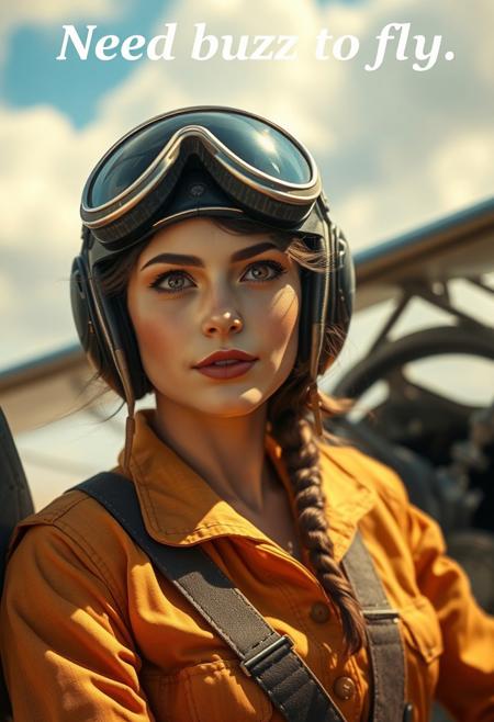 Masterpiece. (Title text on top: "Need buzz to fly"), Illustration of a beautiful woman, vintage aircraft pilot, early twentieth century, high-res, semi realistic, best quality, intricate details, ultra details, good lighting, vibrant colors, very detailed, octane render, ray tracing,