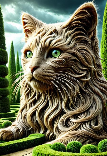 lazypos, 
An interpretation of a strange allegorical dream featuring a huge stylized abstract cat made of w00kiee, with highly defined bright eyes and geometric pupils. The scene is set in a renaissance maze within a topiary garden, filled with coiled bushes and melting creatures. The style is reminiscent of Naoto Hattori's work, with a dark grey sky and extreme clouds. The image features soft gradients, highly detailed facial features including the nose and lips, earth tones, and desaturated warm tones