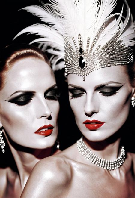 Photo by <lora:HELMUTNEWTON-000001:1> HELMUTNEWTON, photographer,  Close-up, High Key Lighting ,Fujifilm Provia 100F, “Cabaret Glamour”: Backstage at a burlesque show, a dancer adjusts her feathered headpiece. Sequins, red lipstick, and smoky eyes create an aura of sensuality. ,, fashion editorial photography, high-fashion imagery, avant-garde aesthetics, editorial storytelling, conveying fashion trends and concepts, artistic interpretation, expert styling, professional lighting, capturing fashion-forward visuals, creating visual impact, evoking emotion, pushing creative boundaries