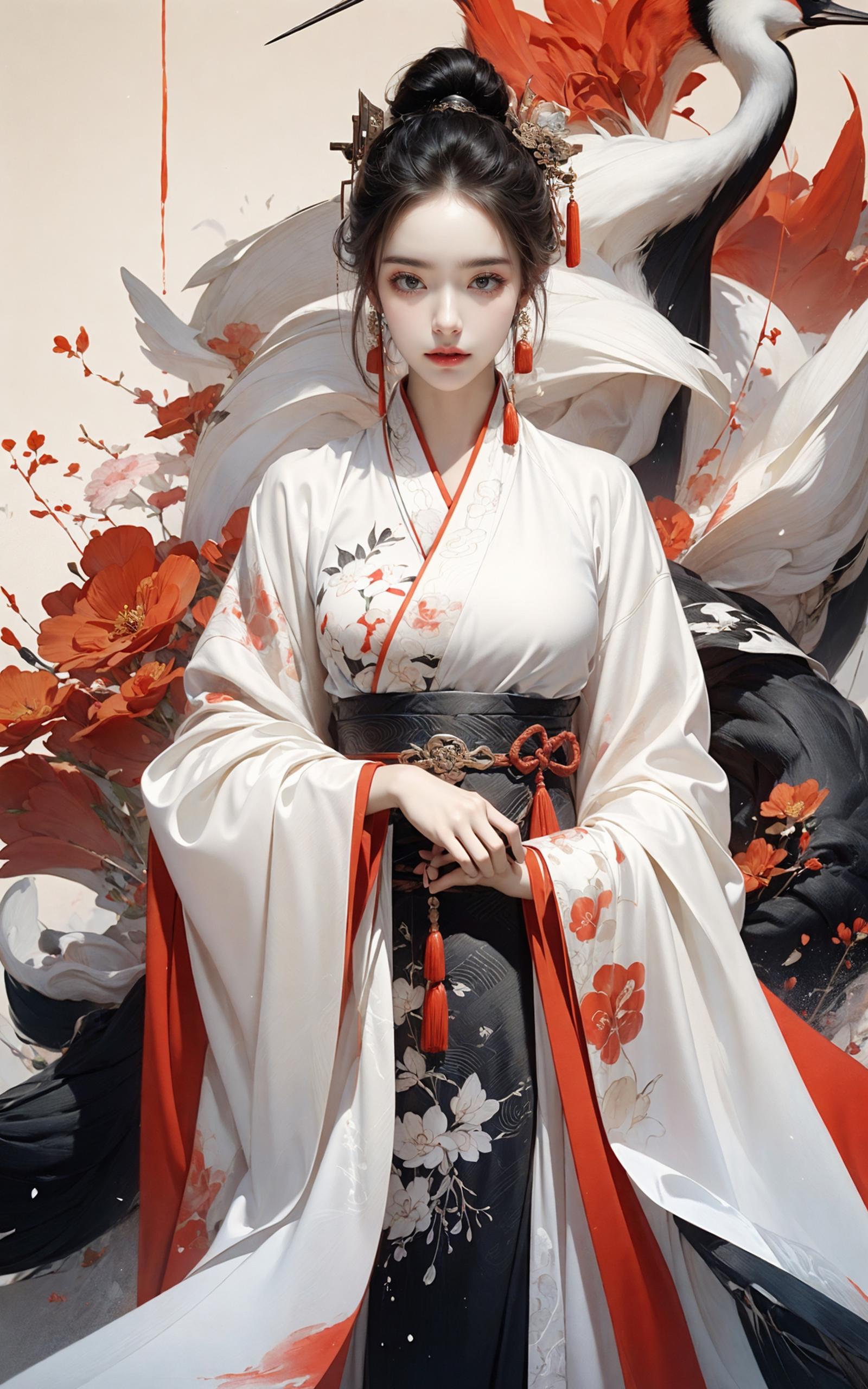 A beautiful woman in a white and red dress with a black belt.
