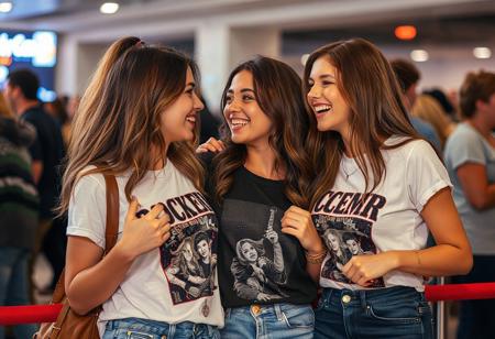 three beautiful women friends, 18yo, waiting impatiently in line for a famous female singer's rock concert, excited, wearing fan shirts, touching, holding, chatting, bodies in motion, mouths open, eyes glittering