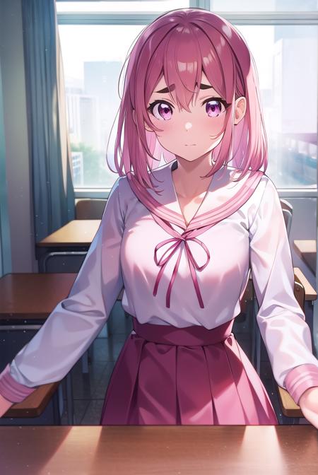 sumisakurasawa, <lora:sumisakurasawa-lora-nochekaiser:1>,
sumi sakurasawa, bangs, (pink eyes:1.5), hair between eyes, pink hair, braid, hair bow, thick eyebrows,
BREAK skirt, shirt, long sleeves, bow, ribbon, school uniform, white shirt, serafuku, sailor collar, red ribbon, neck ribbon, red skirt, white sailor collar,
BREAK looking at viewer,
BREAK indoors, classroom,
BREAK <lyco:GoodHands-beta2:1>, (masterpiece:1.2), best quality, high resolution, unity 8k wallpaper, (illustration:0.8), (beautiful detailed eyes:1.6), extremely detailed face, perfect lighting, extremely detailed CG, (perfect hands, perfect anatomy),