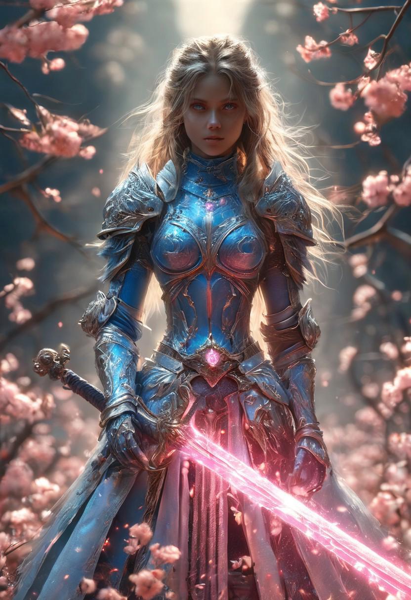 amazing quality, masterpiece, best quality, hyper detailed, ultra detailed, UHD, perfect anatomy, blurry background, dark skin, outdoor,( cherry blossoms:0.6), fog, studio lighting, bright foreground, face to viewer, background light,
(Blue hybrid white) armor, female, pink eyes, holding, sword with ral-elctryzt, ponytail, glowing, shine, dazzling, (on side:1.2), dark blond hair, highlights,
<lora:FantasyKnightsHKStyle:0.85>, HKStyle,
<lora:add-detail-xl:0.75>,
<lora:EnvyBetterHiresFixXL01:0.75>,
<lora:extremely_detailed:1.5>, extremely detailed,
<lora:ral-elctryzt-sdxl:0.8>,