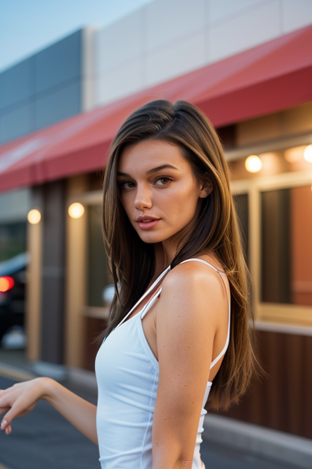 HaileyOutland, portrait of a woman in front of a diner at night, raining, perfect eyes