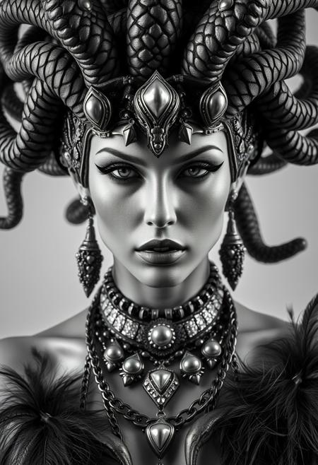 Close Up shot, front view of Medusa, lust look, erotic, hot, beautiful, snakes, jewels, chains necklaces, feathers pauldron, fur cape, hyper realistic, ultra detailed black and white Photography studio style